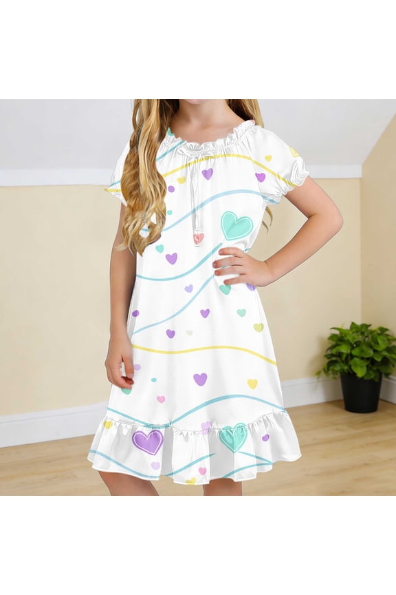 Girls' Nightgowns, Printed Summer Mid-length Short Sleeve Kids Sleep Dresses Sleepwear Multicolor Size 8