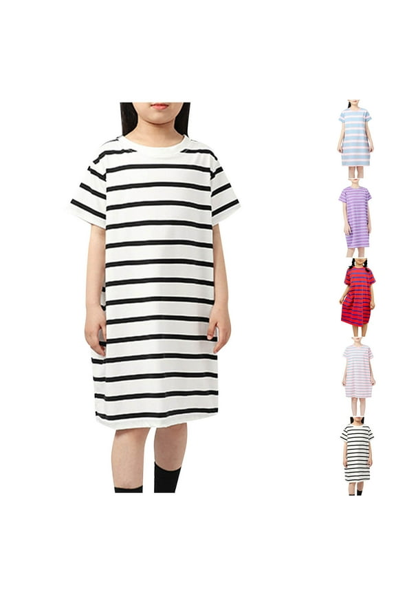 Girls Nightgowns Size 10-12 T, Stripe Summer Loose Short Sleeve Sleepshirts Sleep Dresses Black
