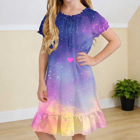Cethrio Girls' Nightgowns Size 5T, Mid-length Gifts Summer Short Sleeve Kids Sleep Dresses Sleepwear Multicolor Size 5T