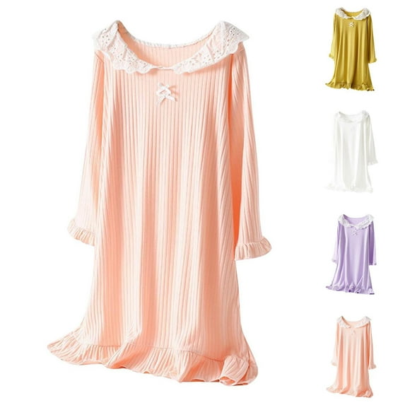 Cethrio Girls Nightgowns, Soft Crewneck Long Sleeve Comfy Sleepshirts Sleepdresses Pink Size 14-16 T