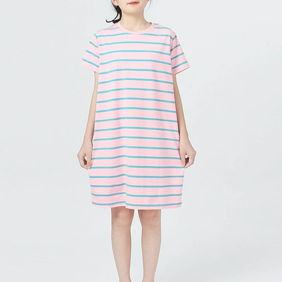 Cethrio Girls Nightgowns, Stripe Summer Loose Short Sleeve Sleepshirts Sleep Dresses Light Blue Size 11-12 T