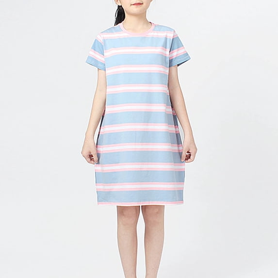 Cethrio Girls Nightgowns, Summer Short Sleeve Loose Stripe Sleepshirts Sleep Dresses Pink Size 12-13 T