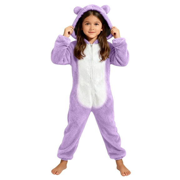 Cethrio Girls One Piece Pajamas, Long Sleeve Zip up Fleece Warm Winter Sleepwear Purple Size 10-12