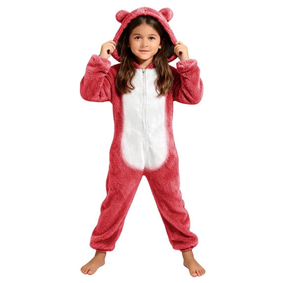 Cethrio Girls One Piece Pajamas, Zip up Warm Long Sleeve Fleece Winter Sleepwear Watermelon Red Size 14