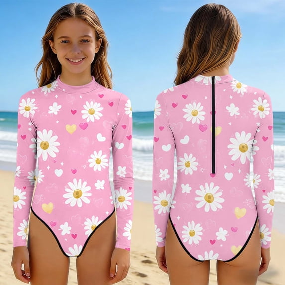 Cethrio Girls One-Piece Swimsuit, Vacation Printed Summer Long Sleeve Kids Bathing Suit Multicolor Size 2-13T