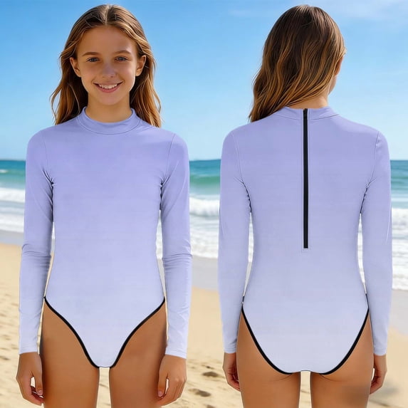 Cethrio Girls' One Piece Swimsuits, Beach Long Sleeve Surfing Gradient Print Kids Bathing Suit Light Blue Size 12-13T