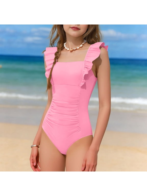 Girls' One Piece Swimsuits, Beach Sleeveless Summer Vacation Kids' Swimwear Pink Size 14-16