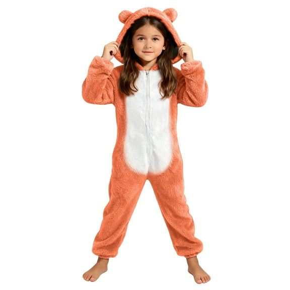 Cethrio Girls One-piece Pajamas, Fleece Zip up Long Sleeve Warm Winter Sleepwear Orange Size 7-8 T