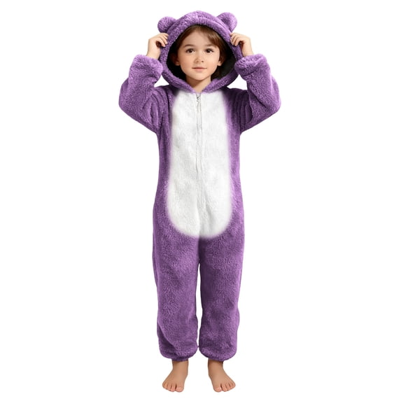 Cethrio Girls Onesie Pajamas, Fleece One-piece Warm Long Sleeve Winter Sleepwear Home Loungewear Size 5-6 Years Purple