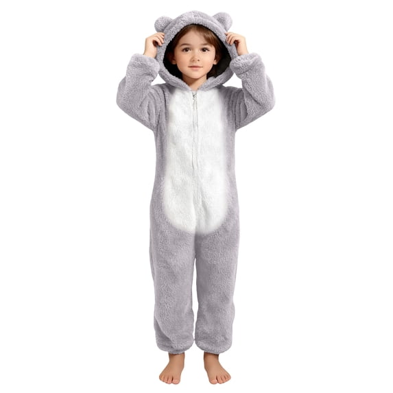 Cethrio Girls Onesie Pajamas, Fleece Warm Long Sleeve One-piece Winter Sleepwear Home Loungewear Size 9-10 Years Gray
