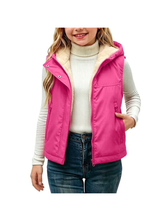 Girls Outerwear Vests, Zip up Thermal Winter Stand Collar Kids Puffer Vests Hot Pink Size 5-6 T