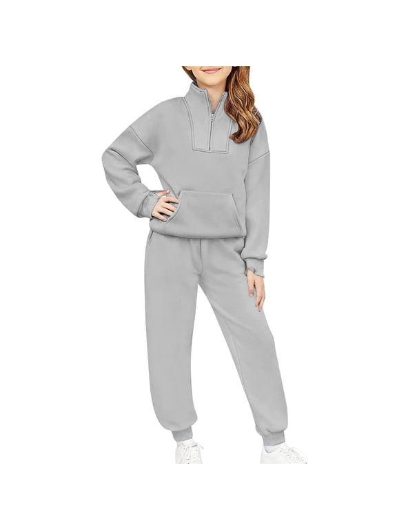 Girls Outfit Sets, 2 PC Half Zip Long Sleeve Sweatshirts and Sweatpants Sets Gray Size 14