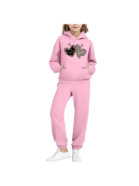Girls Outfit Sets, 2 Piece Casual Long Sleeve Graphic Hoodies and Sweatpants Sets Pink Size 6