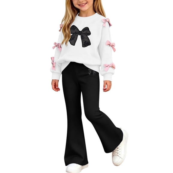 Cethrio Girls Outfit Sets 2 Piece, Casual Long Sleeve Spring Fall Printed Girls' Clothing Sets Black Size 7-8 T