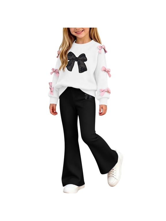 Girls Outfit Sets 2 Piece, Casual Long Sleeve Spring Fall Printed Girls' Clothing Sets Black Size 7-8 T