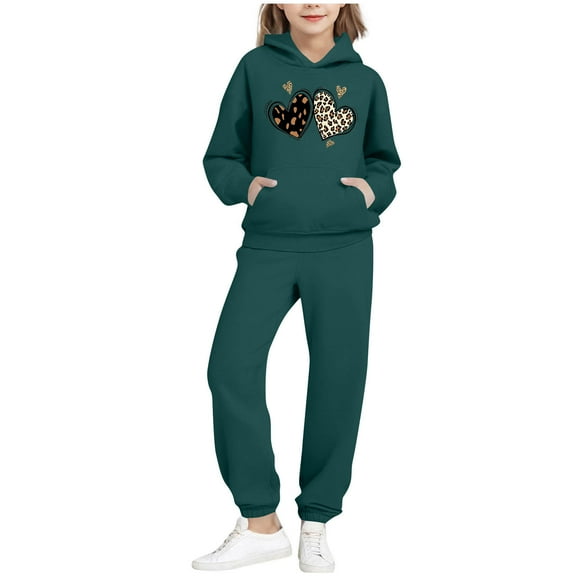 Cethrio Girls Outfit Sets, 2 Piece Graphic Long Sleeve Casual Hoodies and Sweatpants Sets Green Size 10-12