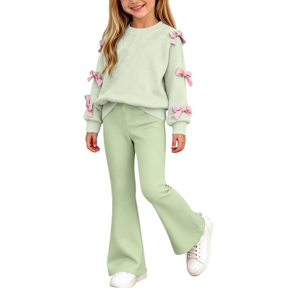 Cethrio Girls Outfit Sets 2 Piece, Long Sleeve Pullover Spring Fall Printed Girls' Clothing Sets Green Size 11-12 T