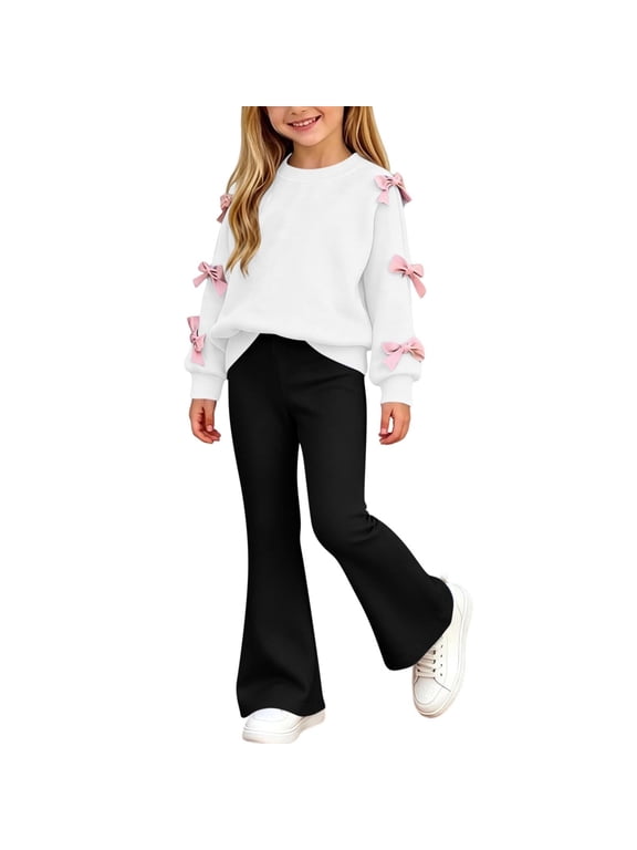 Girls Outfit Sets 2 Piece, Pullover Printed Long Sleeve Spring Fall Girls' Clothing Sets Black Size 7-8 T