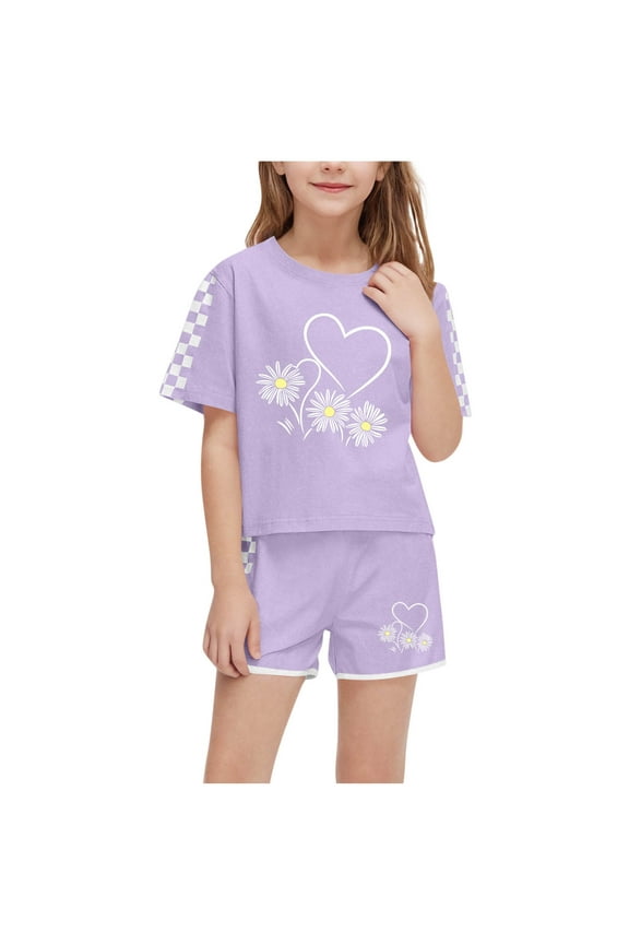 Girls Outfit Sets, 2 Piece Short Sleeve Printed Summer Girls' Clothing Sets Purple Size 10-12T
