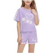 Cethrio Girls Outfit Sets, 2 Piece Short Sleeve Printed Summer Girls Clothing Sets Purple Size 10-12T
