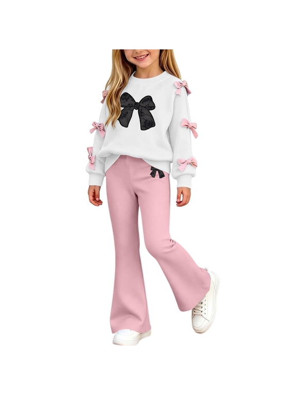 Girls Outfit Sets 2 Piece, Spring Fall Printed Long Sleeve Casual Girls' Clothing Sets Size 10-12 Beige