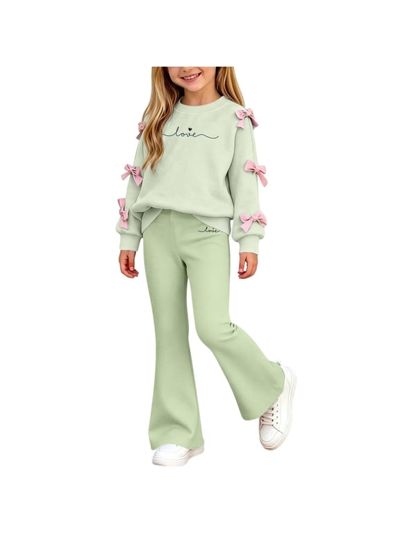 Girls Outfit Sets 2 Piece, Spring Fall Printed Long Sleeve Fashion Girls' Clothing Sets Green Size 7-8 T