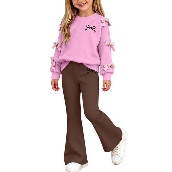 Cethrio Girls Outfit Sets 2 Piece, Spring Fall Printed Long Sleeve Outdoor Girls' Clothing Sets Coffee Size 11-12 T