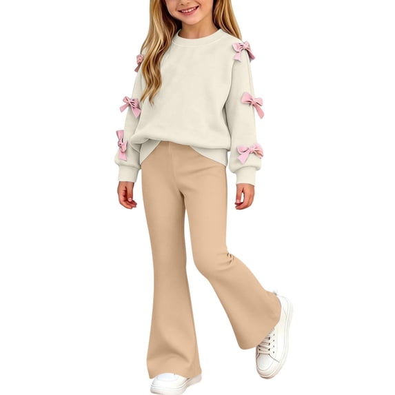 Cethrio Girls Outfit Sets 2 Piece, Spring Fall Pullover Printed Long Sleeve Girls' Clothing Sets Khaki Size 9-10 T