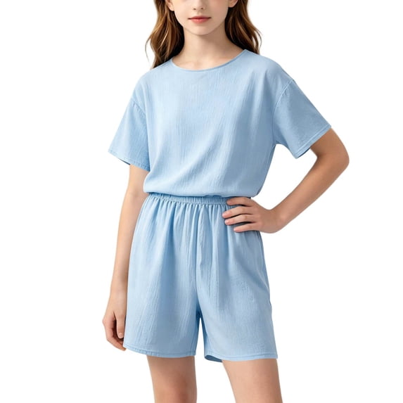Cethrio Girls Outfit Sets 2 Piece, Summer Short Sleeve Casual T-shirts and Shorts Sets Blue Size 16-17 T