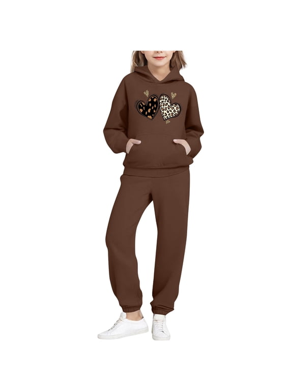 Girls Outfit Sets, Casual Graphic Long Sleeve 2 Piece Hoodies and Sweatpants Sets Brown Size 10-12