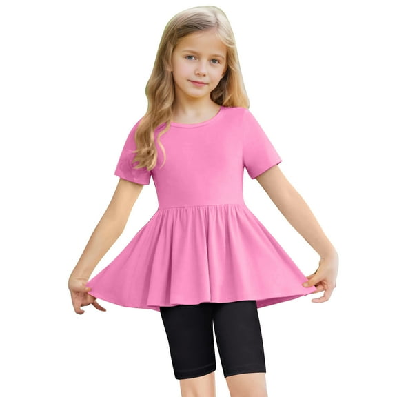 Cethrio Girls Outfit Sets, Dancing 2 Piece Summer T-shirts and Bike Shorts Sets Pink Size 10-12T