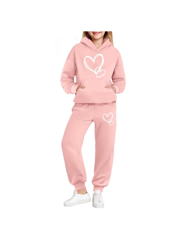Girls Outfit Sets, Fall Winter Printed Long Sleeve Warm Hoodies and Sweatpants Sets Pink Size 14-16