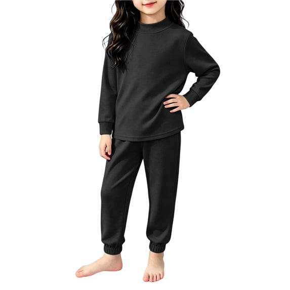 Cethrio Girls Pajama Sets, Fall Winter Long Sleeve Comfortable 2 Piece Thermal Underwear Sets Size 5-6 Years Black