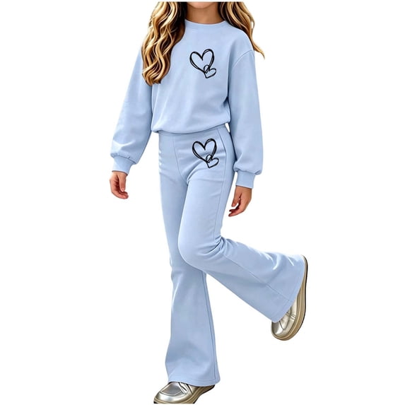 Cethrio Girls Outfit Sets, Graphic Micro‑fleece Lined Long Sleeve Fashion Girls' Clothing Sets Blue Size 5-6 T