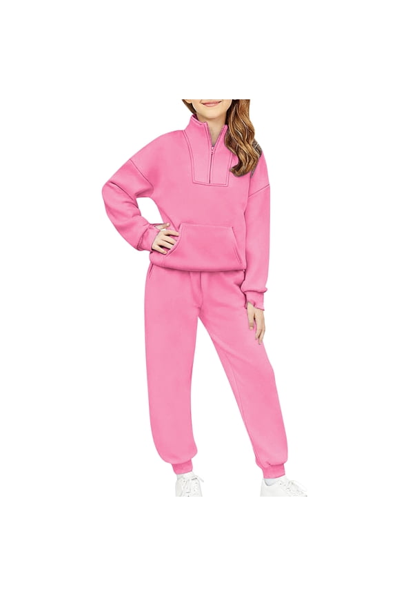 Girls Outfit Sets, Half Zip 2 PC Long Sleeve Sweatshirts and Sweatpants Sets Hot Pink Size 6