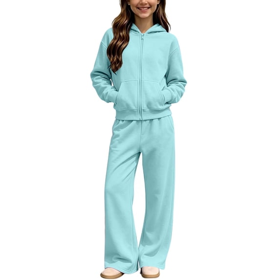 Cethrio Girls Outfit Sets, Long Sleeve 2 PC Fleece-lined Casual Hoodies and Sweatpants Sets Light Blue Size 5-6 T
