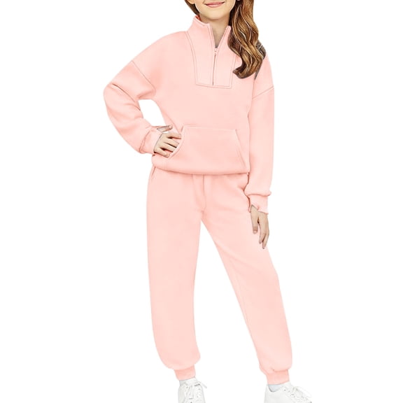 Cethrio Girls Outfit Sets, Long Sleeve 2 PC Half Zip Sweatshirts and Sweatpants Sets Pink Size 7-8