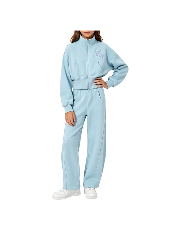 Girls Outfit Sets Long Sleeve, 2 Piece Printed Casual Girls' Clothing Sets Blue Size 7-8 T