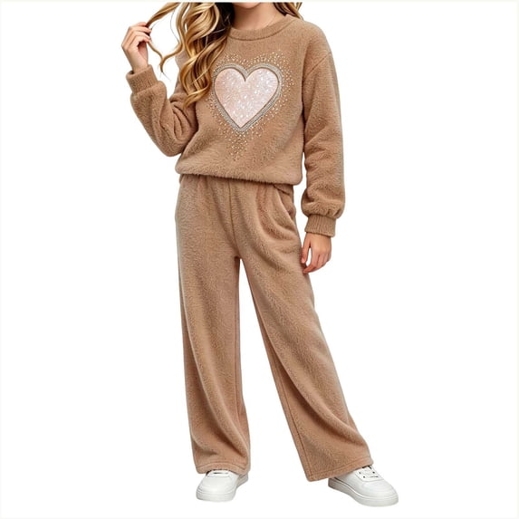Cethrio Girls Outfit Sets, Long Sleeve Casual 2 PC Knitted Girls' Clothing Sets Brown Size 12-13T