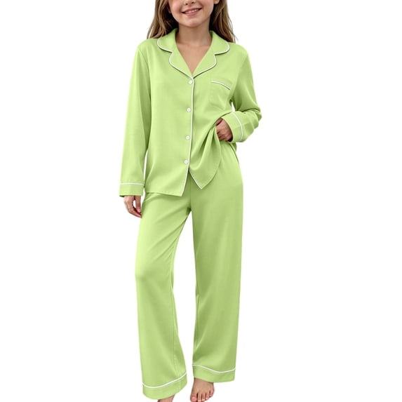 Cethrio Girls Long Sleeve Pajama Sets, Comfortable Casual 2 Piece Button Down Kids' Sleepwear Size 13-14 Years Mint Green