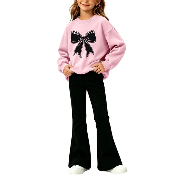 Cethrio Girls Outfit Sets Long Sleeve, Casual Printed 2 Piece Spring Fall Girls Clothing Sets Pink Size 5-6 T