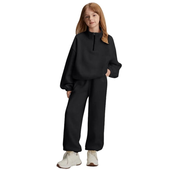 Cethrio Girls Outfit Sets, Long Sleeve Casual Zipper 2 Piece Sweatshirts and Sweatpants Sets Black Size 10-12