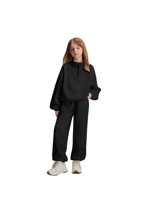Girls Outfit Sets, Long Sleeve Casual Zipper 2 Piece Sweatshirts and Sweatpants Sets Black Size 10-12