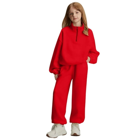 Cethrio Girls Outfit Sets, Long Sleeve Casual Zipper 2 Piece Sweatshirts and Sweatpants Sets Red Size 10-12