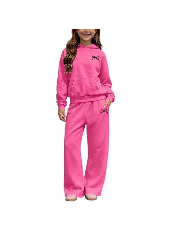 Girls Outfit Sets, Long Sleeve Fall Winter Fleece-lined Hoodies and Sweatpants Sets Hot Pink Size 7-8 T