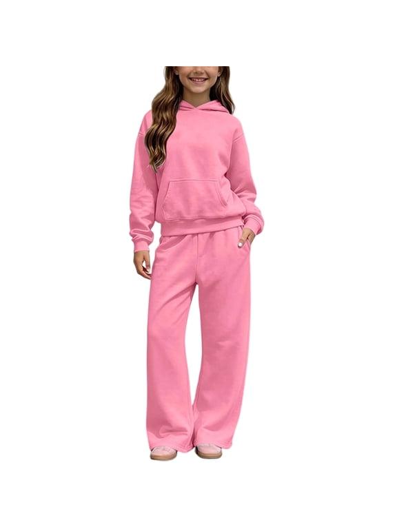 Girls Outfit Sets Long Sleeve, Fleece-Lined Casual 2 Piece Girls' Clothing Sets Pink Size 10-12