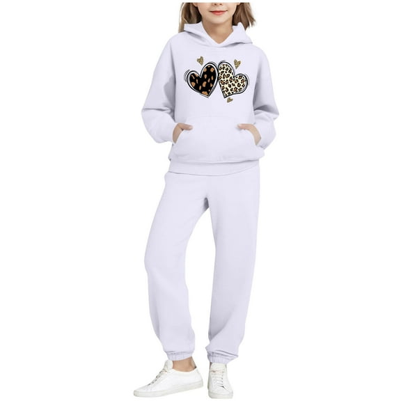 Cethrio Girls Outfit Sets, Long Sleeve Graphic Casual 2 Piece Hoodies and Sweatpants Sets White Size 10-12