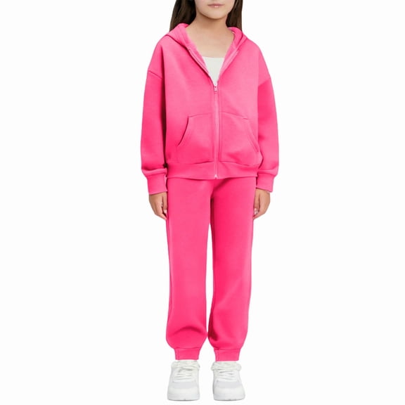 Cethrio Girls Outfit Sets, Long Sleeve Zip up 2 Piece Warm Girls' Clothing Sets Hot Pink Size 7-8
