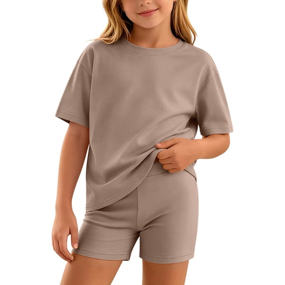 Cethrio Girls Outfit Sets Short Sleeve, 2 Piece Casual Summer T-shirts and Shorts Sets Brown Size 14
