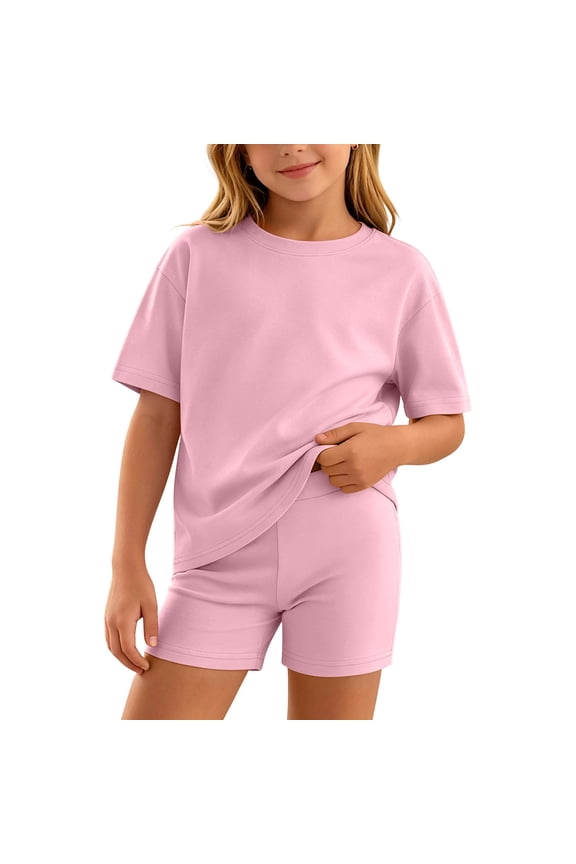 Girls Outfit Sets Short Sleeve, 2 Piece Casual Summer T-shirts and Shorts Sets Pink Size 14